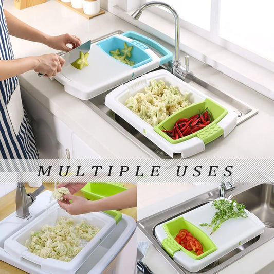 3 in 1 Kitchen Multifunction Sink Strainer Plastic Cutting Board Storage Basket Over Chopping with Containers Retractable Drain